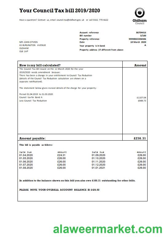 United Kingdom Oldham council tax bill template in Word and PDF format